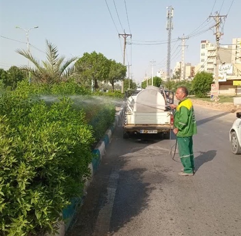 تداوم عملیات شستشوی درختان و عرصه های فضای سبز مناطق هشتگانه شهرداری اهواز